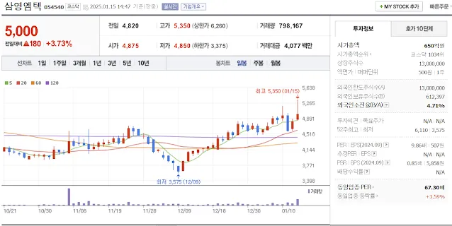 조선 기자재 관련주 대장주 삼영엠텍 일봉 차트