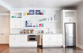Brooke Jones Designs Basement Kitchen White Cabinets Floating Shelves