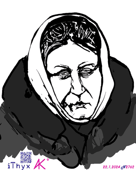 Мрачная женщина, в светлом пуховом платке и чёрной куртке. Автор рисунка: художник #iThyx
