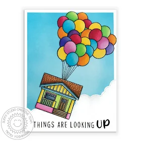 Sunny Studio Blog: Things Are Looking Up House with Floating Balloons Card (using Happy Home, Floating By, Kinsley Alphabet & Phoebe Alphabet Stamps and Fluffy Clouds Border Die)