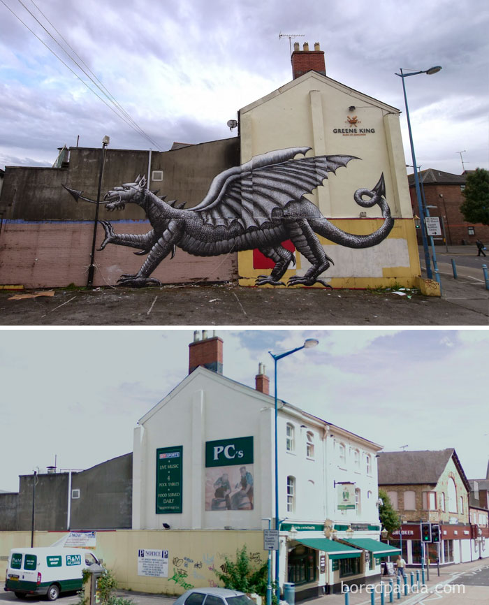 10+ Incredible Before & After Street Art Transformations That’ll Make You Say Wow - Welsh Dragon, Cardiff, Wales