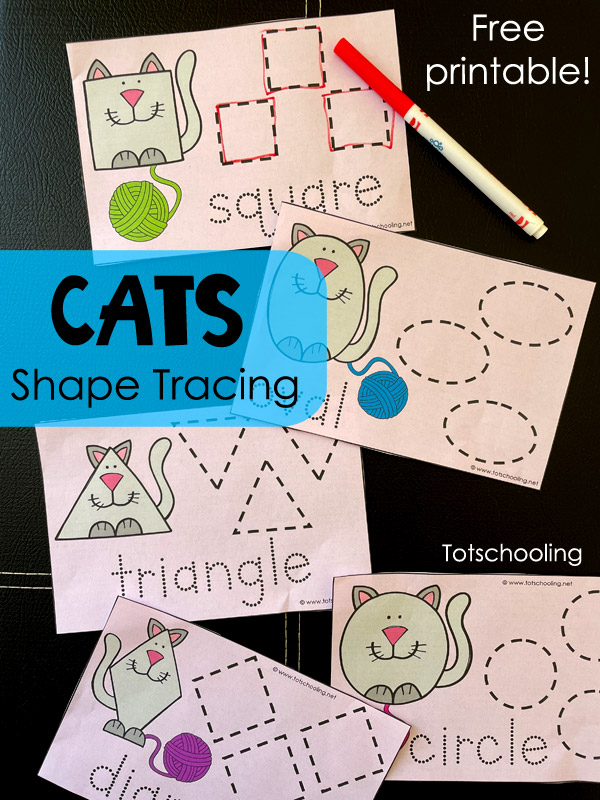 FREE printable Cat themed tracing cards for kids to learn shapes and practice tracing and fine motor handwriting skills.