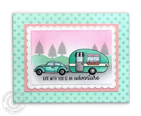 Sunny Studio: Happy Camper Life With You is An Adventure 1950's Retro Trailer Card (using Fancy Frames Rectangle Dies & Background Basics Polka-dot Stamps)