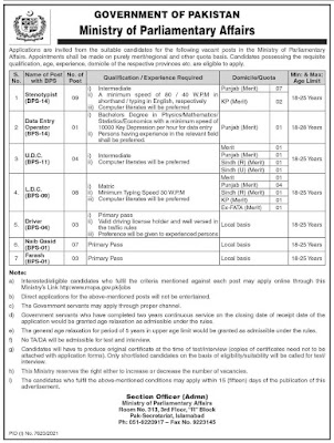 Ministry of Parliamentary Affairs Jobs Advertisement 2022