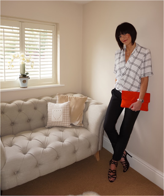 My Midlife Fashion, The Dressing Room St Albans, Great Plains check crossover top, boden soft suede clutch, zara tie up heels, zara cigarette pants