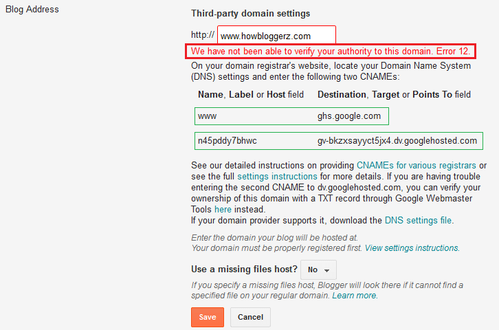 We have not been able to verify your authority to this domain. Error 12