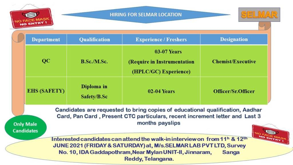 Job Availables, Selmar Lab Pvt Ltd Interview For QC/ EHS Department