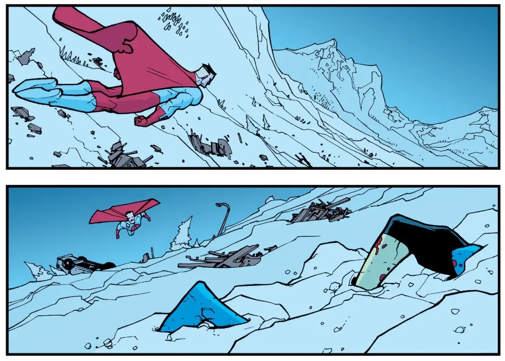 Panel from Invincible #12 showing Omni-Man brutally attacking Invincible while revealing his true purpose