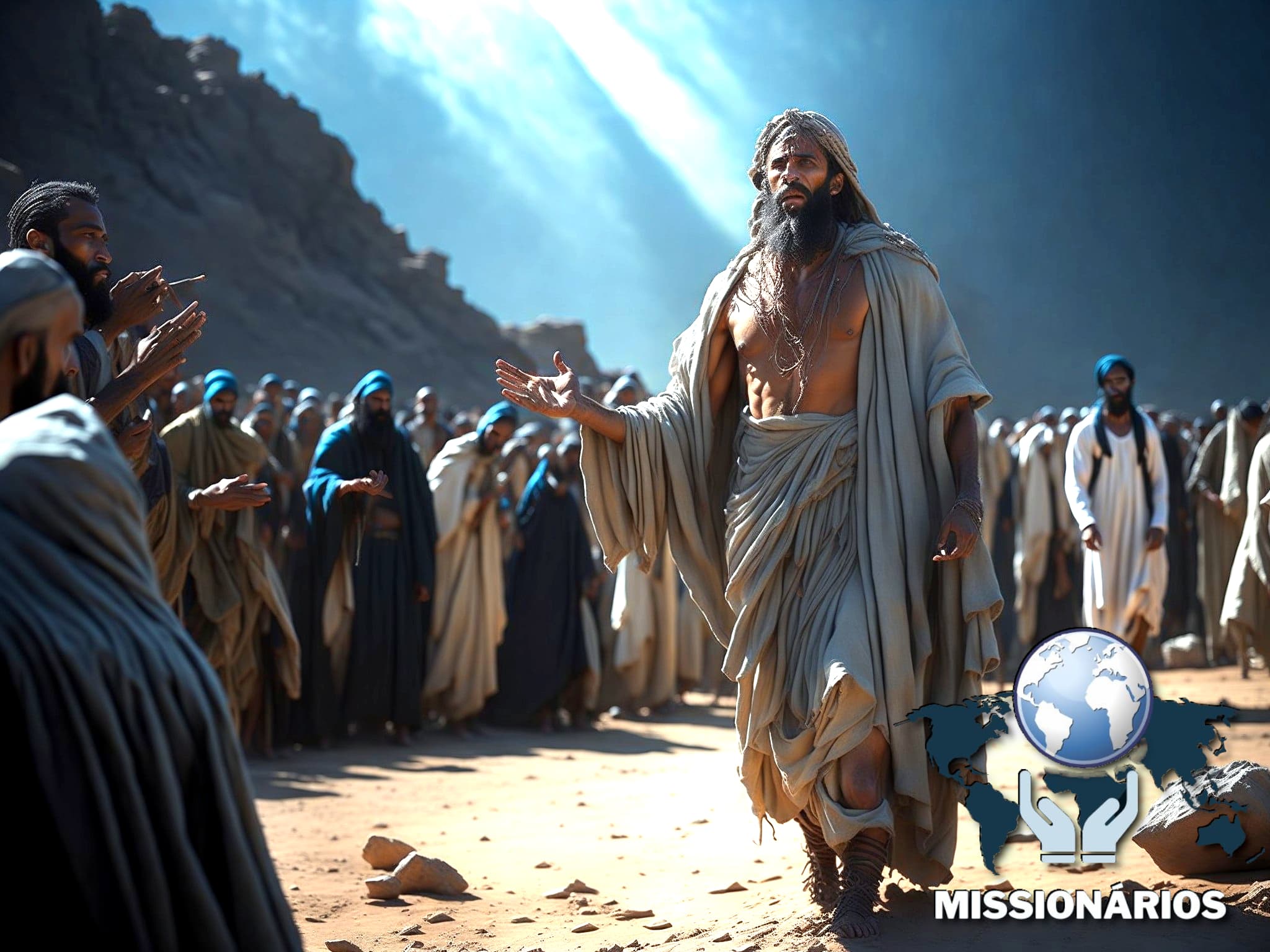 A imagem mostra uma representação realista de Eliseu, no Egito, rodeado de fiés à espera de um milagre.
