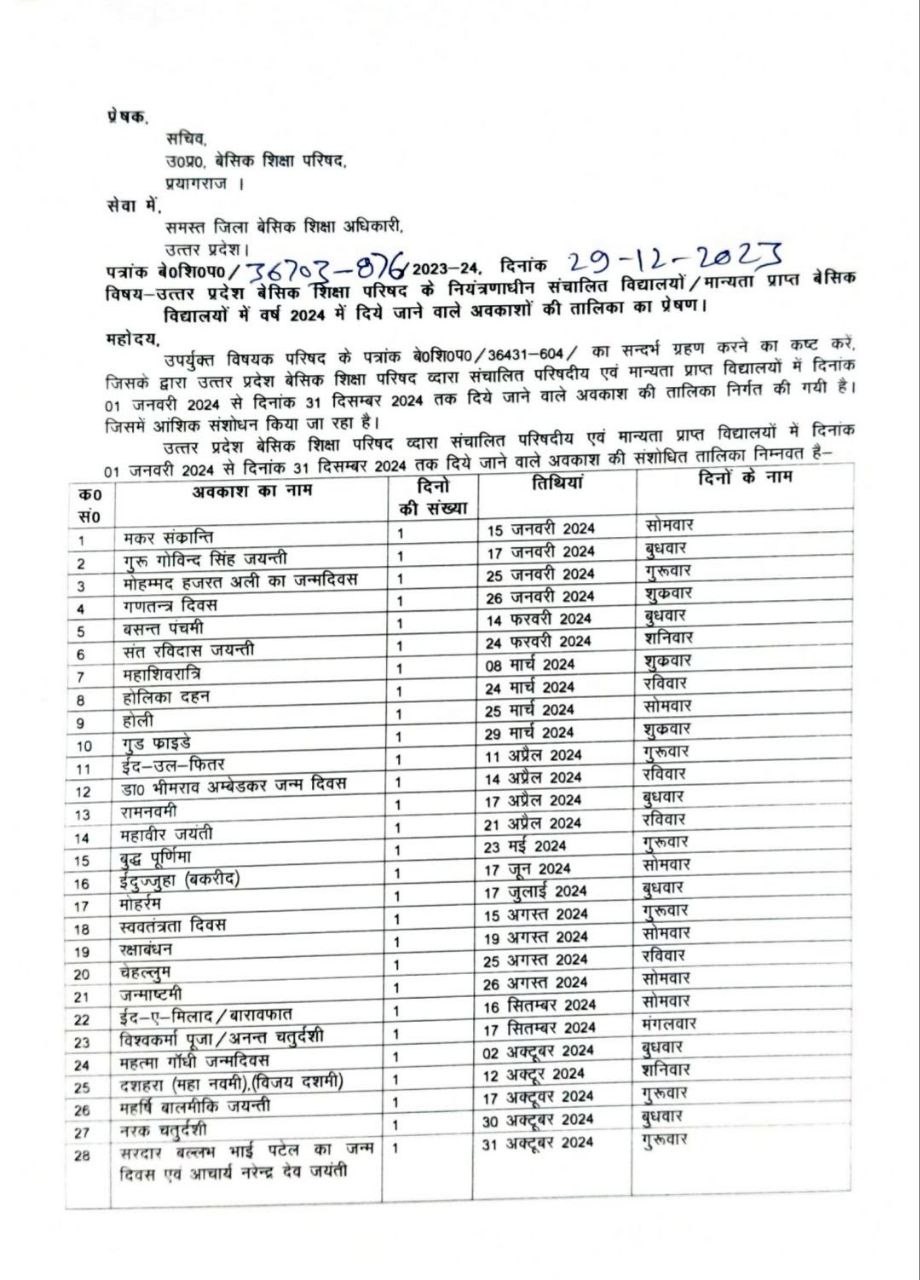 उत्तर प्रदेश बेसिक शिक्षा परिषद द्वारा संचालित परिषदीय / मान्यता प्राप्त विद्यालयों के लिए अवकाश तालिका - 2024 ( Uttar Pradesh Basic Shiksha Parishad Awakash Talika - 2024
