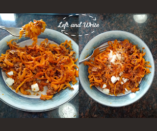 Sweet potato noodles with spaghetti sauce, ground beef, Parmesan cheese, and feta.