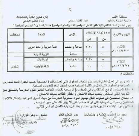 جدول امتحانات الصف الثاني الابتدائي الترم الثاني 2018 محافظة الاقصر