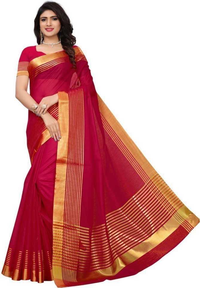Striped, Woven, Embellished Tant Cotton Blend, Poly Silk Saree  (Red, Gold)