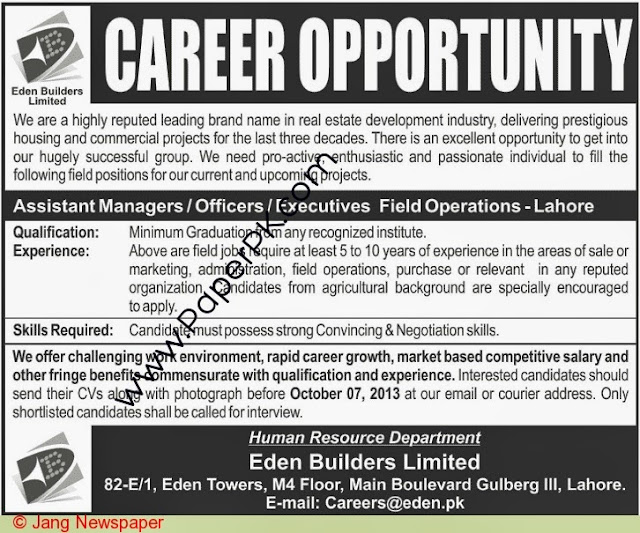 New vacancy open in Eden builder, Assistant Manager, and Field Assistant, Published in Jang Newspaper.