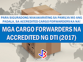 A large number of complaints from the OFWs and their families about lost packages surfaced last year. Some of the packages reached their destinations but the boxes are either altered or broken and with missing contents.  Some of them never reached the recipients. The Bureau of Customs  recently issued suspension orders and delisted a lot of cargo forwarders and brokers for non-compliance of the law. Most of them are also under investigation by the bureau.   Avoid being victimized by bogus cargo companies.  To make sure that your family receives all your hard-earned packages, transact only with the DTI accredited cargo companies in your host country. Here are the latest lists of  accredited cargo forwarders from the Department of Trade and Industry (DTI) As of December 31, 2016 : Origin (Country) State/City Philippine Freight Forwarder Foreign Agent/Counterpart Australia     Brisbane Brand Expert Freight Forwarder, Corp. Orient Freight LCSN Express Movers, Inc. Bayanihan Cargo Services LCSN Express Movers, Inc. Rolling Express Qld  LCSN Express Movers, Inc. Will Express Delivery NSW RRG Freight Services Austral Cargo Advance Melbourne Brand Expert Freight Forwarder, Corp. Ordex Express Urgent Cargo Express Int'l Forwarder & Brokerage Inc. Eha Services We-Go Logistics Int'l. Corp. We-Go Logistics Int'l. Corp. Perth Brand Expert Freight Forwarder, Corp. Trojan Express Pty Ltd Queensland Manilaforwarder Phil., Inc. JJ's Cargo Sydney Mac Ocean Waves Cargo System Co. Australis Pty. Ltd Nippon Express Philippines Corporation Nippon Express (Australia) Pty.,Ltd. U MAC Forwarders Express, Inc. Forex World Pty Ltd We-Go Logistics Int'l. Corp. We-Go Logistics Int'l. Corp. Austria Austria RRG Freight Services Patria Express Cargo Service  Vienna 12:24 Cargo Express Corporation M&M Cargo Express E.U. Orbit Kleintransporte Urgent Cargo Express Int'l. Forwarder & Brokerage Inc. Blue Cargo M. Valdez Cargo Bahrain Bahrain Roxas Cargo Express Pinoy Express Movers Manama Brand Expert Freight Forwarder, Corp. Filipinas Cargo International Cargo Services U MAC Forwarders Express, Inc. Forex-Umac Cargo Bangladesh Dhaka Speedmark Philippines, Inc. Speedmark Transportation (BD) Ltd Belgium Antwerp Genex Cargo Forwarder Philair Logistics Belgium Nippon Express Philippines Corporation Nippon Express (Belgium) N.V./S.A. Bermuda Devonshire Urgent Cargo Express Int'l. Forwarder & Brokerage Inc. A&L Cargo Brazil Sao Paolo Nippon Express Philippines Corporation Nippon Express do Brasil Ltda. Brunei Bandar Seri Begawan (BSB) 12:24 Cargo Express Corporation Urdan Express Services Cambodia Phnom Penh Speedmark Philippines, Inc Speedmark Transportation (Cambodia) Co Ltd Canada Alberta U MAC Forwarders Express, Inc. Umac Express Cargo British Columbia 12:24 Cargo Express Corporation Forex Cargo (BC) INC. Calgary 12:24 Cargo Express Corporation Forex Cargo Alberta Inc Willxpress, Inc. (formerly Accord Freightforwarders, Inc.) Jenrich Fast Cargo Edmonton Willxpress, Inc. (formerly Accord Freightforwarders, Inc.) Forex Alliance Cargo Forwarder Inc. U MAC Forwarders Express, Inc. Umac Express Cargo  Manitoba U MAC Forwarders Express, Inc. Umac Express Cargo Mississauga Urgent Cargo Express Int'l. Forwarder & Brokerage Inc. Highlight Express Ontario Nippon Express Philippines Corporation Nippon Express Canada Ltd. Quebec Elitex Logistics Corp. SM Services International Corporation Richmond R & A Fastfrate Corp. Star Box Express Inc. Toronto R & A Fastfrate Corp. a. Atin Ito Freight Forwarder Limited b. Reliable Cargo Inc. U MAC Forwarders Express, Inc. a. Forex Toronto b. Umac Toronto Vancouver  Aramex Canada NRU Cargo Forwarder U MAC Forwarders Express, Inc. Umac Express Cargo Chile Santiago Nippon Express Philippines Corporation Nippon Express Chile S.A. China Huangou We-Go Logistics Int'l. Corp. We-Go Logistics Int'l. Corp. Ningbo We-Go Logistics Int'l. Corp. We-Go Logistics Int'l. Corp. Shanghai Jeezan Int'l Cargo & Courier Services Shanghai Galaxy International Logistics Co., Ltd. Speedmark Philippines, Inc Speedmark Transportation  Ltd Unified Alliance Asia Logistics Phils. Inc. Shanghai Viewtrans Co., Ltd. We-Go Logistics Int'l. Corp. We-Go Logistics Int'l. Corp. Shekou We-Go Logistics Int'l. Corp. We-Go Logistics Int'l. Corp. Shenzhen Fast-Tract Freight Phils., Inc. First Corp. Limited We-Go Logistics Int'l. Corp. We-Go Logistics Int'l. Corp. Tianjin Fast-Tract Freight Phils., Inc. Tianwoo Logistics Dev.Co.,Ltd. We-Go Logistics Int'l. Corp. We-Go Logistics Int'l. Corp. Xiamen We-Go Logistics Int'l. Corp. Xinhaihang Logistics Co., LTD Xingang We-Go Logistics Int'l. Corp. We-Go Logistics Int'l. Corp. Cyprus Larnaca Brand Expert Freight Forwarder, Corp. Five Continents Ceylon Services Nicosia Genex Cargo Forwarder Menley Panaris Philippines Forwarders Czech Republic Prague Speedmark Philippines, Inc Speedmark Transportation Ltd c/o Maurice Ward & Co. s.r.o. Denmark Copenhagen Atlas Brokerage and Express Padala, Inc. Premacell Brand Expert Freight Forwarder, Corp. Connect Travel & Logistics Republic Forwarders LCSN Express Movers, Inc. Mabuhay Balikbayan Box England London Brand Expert Freight Forwarder, Corp. Tagalog Balikbayan Services Finland Helsinki LCSN Express Movers, Inc. Scanphil Oy France Le Harve Nippon Express Philippines Corporation Nippon Express France S.A. E-pad Freight Forwarder Rhonnick Sea Cargo Germany Deutschland Nippon Express Philippines Corporation Nippon Express (Deutschland) GmBH Dusseldorf Nippon Express Philippines Corporation Nippon Express (Europe) GmBH Frankfurt Nippon Express Philippines Corporation Nippon Express (Deutschland) GmBH Hamburg Brand Expert Freight Forwarder, Corp. Conphil Import Export Services RC Montevirgen Int. Hesse Brand Expert Freight Forwarder, Corp. Translin Phil Kutscherberg RDM Logistic Express EBCS Moers Brand Expert Freight Forwarder, Corp. Philcargo Logistics Puchheim Brand Expert Freight Forwarder, Corp. German Balikbayan Quality Services Rhein LCSN Express Movers, Inc. Binger Balikbayan Services   Greece Athens U MAC Forwarders Express, Inc. Umac Express Cargo Perama Genesis Logistics Global Svcs., Inc. BTL Ilocos Expert Hong Kong Hong Kong Afreight Phils., Inc. Afreight (Asia - Pacific) Ltd. Fast-Tract Freight Phils., Inc. Shenship Logistics Ltd Genex Cargo Forwarder General Cargo Express Ltd. Nippon Express Philippines Corporation Nippon Express (Hkg) Co.,Ltd. Speedmark Philippines, Inc Speedmark Transportation  Ltd Speedstream Transport Just Cargo Limited Unified Alliance Asia Logistics Phils. Inc. Golden Wave Shipping Ltd. Kowloon U MAC Forwarders Express, Inc. Super Ace Cargo Kwai Chung Elitex Logistics Corp. Worldwide Elite Express Company Indonesia Jakarta Brand Expert Freight Forwarder, Corp. PT Transbuana International Fast-Tract Freight Phils., Inc. PT. Lintas Tujuh Samudera Nippon Express Philippines Corporation PT Nittsu Lemo Indonesia Logistik Speedmark Philippines, Inc PT. Speedmark Transportation Indonesia Unified Alliance Asia Logistics Phils. Inc. PT. Dian Mulia Freight Travel, JKT Ireland Belfast 12:24 Cargo Express Corporation Phil Direct LCSN Express Movers, Inc. MGM Cargo Limited Dublin Etmar Freight Forwarding Services Global Box Shipments Nippon Express Philippines Corporation Nippon Express (Ireland) Ltd. Dundalk 12:24 Cargo Express Corporation Balikbayan Box, Inc. Israel Ashdod 12:24 Cargo Express Corporation Seafarers Cargo Brand Expert Freight Forwarder, Corp. Migal Cargo Asian Express E-pad Freight Forwarder Jdeide -Mackner LCSN Express Movers, Inc. Phil Asia Cargo Italy Genoa E-pad Freight Forwarder Oikia SRL Fast-Tract Freight Phils., Inc. Francesco Paris S.PA. Italy  RDM Logistic Express JRC Milan Afreight Phils., Inc. Afreight Italia SRL E-pad Freight Forwarder JHL Express International Air and Sea Cargo Highlights Express Air and Ocean Cargo, Co. JHL Express Nippon Express Philippines Corporation Nippon Express (Italia) S.R.L. U MAC Forwarders Express, Inc. Umac Express Cargo Milano Nippon Express Philippines Corporation Nippon Express (Italia) S.R.L. Napoli Urgent Cargo Express Int'l. Forwarder & Brokerage Inc. Emmanuel Cargo Express Srl Rome Genex Cargo Forwarder Oriental Express Cargo Urgent Cargo Express Int'l. Forwarder & Brokerage Inc. Ass. Cult. Association Europhil Philippine Movers Hilltop Marciana Toscana Atlas Brokerage and Express Padala, Inc. Figueroa Lucas Miguel Japan Anjo-Shi Chenvel Svcs., Inc. Narita Express Cargo Door to Door Edogawa-Ku Chenvel Svcs., Inc. Kawai Door to Door Fukushima-Shi Chenvel Svcs., Inc. Gemini Door to door Hamamatsu-Shi Chenvel Svcs., Inc. Hamamatsu Easy Shop Higa-Shi Chenvel Svcs., Inc. Sakuma Merchandizer Higashihiroshima-Shi Chenvel Svcs., Inc. Pink Rose Door to Door Service Ida-Shi Chenvel Svcs., Inc. J-Seven Cargo Door to Door Services Isesaki-Shi Chenvel Svcs., Inc. Misaki Cargo D2D Services Kakegawa-Shi Chenvel Svcs., Inc. SMH Door to Door Kakogawa-Shi Chenvel Svcs., Inc. Hyogo Ken Cargo Door to Door Services Kawasaki City Nippon Express Philippines Corporation Nittsu Nec Logistics Kawasaki-Shi Chenvel Svcs., Inc. Geli-Viva D2D Services Kawaguchi-Shi Chenvel Svcs., Inc. Dream Box D2D Services Kobe Nippon Express Philippines Corporation Nippon Express Co.,Ltd. Kyoto-Shi Chenvel Svcs., Inc. Heart Box Door to Door Services Koga-Shi Chenvel Svcs., Inc. Dodong Express Maizuro-Shi Chenvel Svcs., Inc. Global Cargo Int'l. Mine-Shi Chenvel Svcs., Inc. Joysu Door to Door Services Minokamo-Shi Chenvel Svcs., Inc. Dolphin Cargo Naraha-Shi Chenvel Svcs., Inc. Karen Express Nagoya-Shi Chenvel Svcs., Inc. Nagoya Wings Cargo D2D  Ben/Nenith Hattori Quatros Marias Int'l. Nippon Express Philippines Corporation Nippon Express Co.,Ltd. Naka-Gun Chenvel Svcs., Inc. H & K Door to Door Services Osaka Nippon Express Philippines Corporation Nippon Express Co.,Ltd. Okazaki-Shi Chenvel Svcs., Inc. Sakura Door to Door - (For termination) Saga-Shi Chenvel Svcs., Inc. Philippine Express Cargo Door to Door Services Toda KC Express Door Delivery Services, Inc. KC Cargo Tokyo Nippon Express Philippines Corporation Nippon Express Co.,Ltd. RV Door To Door Delivery Services Techno Hi Co., Ltd Speedmark Philippines, Inc Mitsui Soko Air Cargo Inc. Transtech Global Philippines, Inc. (formerly Transtech Balikbayan Box, Inc.) Transtech Company Ltd. Japan U MAC Forwarders Express, Inc. Forex Japan Tokyouto Chenvel Svcs., Inc. Yehey Japan Tokyo Tu Chenvel Svcs., Inc. G-Maq  Toyohashi-Shi Chenvel Svcs., Inc. BK Toyohasi Express Yokohama KC Express Door Delivery Services, Inc. KC Cargo Nippon Express Philippines Corporation Nippon Express Co.,Ltd. Yokohama-Shi Chenvel Svcs., Inc. Kapamilya Cargo Jordan Amman 12:24 Cargo Express Corporation Five Stars Shipping NRU Cargo Forwarder Seven Seas Cargo Trico International Forwarding Phils., Inc. Trico International Korea Busan Fast-Tract Freight Phils., Inc. Daewon Logipia Co.,Ltd. Huwn U MAC Forwarders Express, Inc. St. Michael Cargo Express Incheon Speedmark Philippines, Inc Speedmark Transportation  Korea Ltd Korea U MAC Forwarders Express, Inc. Forex Cargo Korea Umac Express Cargo Korea Gold Star Express Cargo Seoul Genex Cargo Forwarder MY Pasalubong International Kuwait Kuwait Brand Expert Freight Forwarder, Corp. Brand Gpu Express Logistic Company Falcon Cargo International Co.  LCSN Express Movers, Inc. Blue Sky International Air Cargo Genex Cargo Forwarder Al Masila Group United Shipping WLL Roxas Cargo Express Western Express Cargo Maliya Makatiexpress Cargo, Inc. Makati Express Cargo Safat Trico International Forwarding Phils., Inc. Trico International Lebanon Beirut Genesis Logistics Global Svcs., Inc. General Transport Services NRU Cargo Forwarder LTC Express Cargo  Roxas Cargo Express Beirut Cargo Center Malaysia Kuala Lumpur Afreight Phils., Inc. Afreight Cargo SDN BHD Speedmark Philippines, Inc SMT Speed-Mark Forwarders (M) SDN. BHD. Kuching Valu-Kargo Line, Inc. Valukargo Shipping (M) SDB BHD Malaysia Unified Alliance Asia Logistics Phils. Inc. Armada International Dn Bhd Jiamin Cargo Express, Inc. Eagle Manila Cargo SDN BHD Pasir Gudang  Valu-Kargo Line, Inc. Valukargo Shipping (M) SDB BHD Port Klang Nippon Express Philippines Corporation Nippon Express (Malaysia) SDN BHD Malta St. Paul's Bay Urgent Cargo Express Int'l. Forwarder & Brokerage Inc. Suhiro Malta Limeted Mexico Manzanillo Nippon Express Philippines Corporation Nippon Express de Mexico S.A. de C.V. Myanmar Yangon Speedmark Philippines, Inc Myanmar Speedmark Transportation Ltd. Netherlands Amsterdam Speedmark Philippines, Inc Speedmark Transportatio B.V. Rotterdam LCSN Express Movers, Inc. Balikbayan To Phil LCSN Express Movers, Inc. KN Creations / Pinoy-box LCSN Express Movers, Inc. LVM Cargo Nippon Express Philippines Corporation Nippon Express (Nederland) B.V. Speedstream Transport Flora's Handelsonderneming The Netherlands Tañon Gulf Logistics Sogge Bakke Gard New Zealand Auckland Nippon Express Philippines Corporation Nippon Express (New Zealand) Ltd., U MAC Forwarders Express, Inc. Forex New Zealand Tauranga LCSN Express Movers, Inc. Go Logistics Ltd Tres Marias Norway Norway Brand Expert Freight Forwarder, Corp. Nordic Balikbayan Box Oslo Atlas Brokerage and Express Padala, Inc. Premacell Linaban Genex Cargo Forwarder Filstar Norway Rogaland Brand Expert Freight Forwarder, Corp. Alt Innen Renhold Cargo Oman Muscat Brand Expert Freight Forwarder, Corp. Pinoy Cargo Ruwi Trico International Forwarding Phils., Inc. Trico International Pakistan Karachi Fast-Tract Freight Phils., Inc. Global Shipping & Management Speedmark Philippines, Inc Combined Freight (PVT) Limited Papua New Guinea Port Moresby Manilaforwarder Phil., Inc. Pearl Express Ltd. Portugal Portugal Nippon Express Philippines Corporation Nippon Express Portugal S.A. Qatar Doha Genex Cargo Forwarder United Express Cargo Makatiexpress Cargo, Inc. Makati Express Cargo LCSN Express Movers, Inc. Manila Express Cargo RDM Logistic Express CargoNet Sky Land Brokerage Inc. Sky Freight Group Sky Land Global Logistics, Inc. Sky Freight Group Soonest Global Express Corp. Shaher Express Cargo Trico International Forwarding Phils., Inc. Trico International Russia Moscow Goetz Moving and Storage, Inc. Pisacom Atinto Coop Saudi Arabia Al-Ahsa Mac Ocean Waves Cargo System Co. Al-Essa World Cargo Al Khobar Genex Cargo Forwarder GP Express Sky Land Brokerage Inc. Sky Freight Forwarders Sky Land Global Logistics, Inc. Jeddah Genex Cargo Forwarder GP Express Majed M. Al Mekati Froup of Companies Kingspoint Express & Logistics Makati Express Cargo Makatiexpress Cargo, Inc. Makati Express Cargo Sky Land Brokerage Inc. Kamal Hassan Al Wassia Est. Sky Land Global Logistics, Inc. Speedstream Transport Mahmoud Subai Al-Muhadris Riyadh Fil-Asia Cargo Express Services Corp Fil-Asia Cargo Forwarders Laguna Lakers Cargo Forwarders Laguna Lakers Express Cargo RDM Logistic Express   RRG Freight Services Top Cargo., LTD Sky Land Brokerage Inc. Kamal Hasan AL Vseia Sky Land Global Logistics, Inc. Total Line Logistics Corporation BG International Cargo Singapore Singapore Afreight Phils., Inc. Afreight Cargo Pte Ltd Brand Expert Freight Forwarder, Corp. KC Dat Balikbayan Express Pte Ltd. Fast-Tract Freight Phils., Inc. Metier Express Line Pte Ltd. GCLPI-Gateway Container Line Phils., Inc. Benkel International Pte Ltd. Jiamin Cargo Express, Inc. Robin Cargo Express Pte Ltd Jolly-B Box Express Line, Inc. JBB Groupage Pte Ltd. Nippon Express Philippines Corporation Nippon Express (Sin) Pte.,Ltd. Sinphil International Forwarders Services Speedbox Pte Ltd Speedmark Philippines, Inc Speedmark  Consolidation Service Pte Ltd U MAC Forwarders Express, Inc. Regent Forex Cargo Urgent Cargo Express Int'l. Forwarder & Brokerage Inc. Metro Box Services Valu-Kargo Line, Inc. Valukargo Groupage Services Inc. We-Go Logistics Int'l. Corp. We-Go Logistics Int'l. Corp.      Scroll to view for the complete list here  Origin (Country) State/City Philippine Freight Forwarder Foreign Agent/Counterpart Spain Algeciras E-pad Freight Forwarder B.A.L. Cargo express Barcelona Nippon Express Philippines Corporation Nippon Express de Espana S.A. Urgent Cargo Express Int'l. Forwarder & Brokerage Inc. M& M Services Madrid Highlights Express Air and Ocean Cargo, Co. B.A.L. Cargo U MAC Forwarders Express, Inc. Umac Express Cargo Canary Island Roxas Cargo Express Kabayan SL Sri Lanka Colombo Speedmark Philippines, Inc Speedmark Transportation Lanka (PVT) Ltd Sweden Gothenburg LCSN Express Movers, Inc. Vipans BYGG & Alltjanst Stockholm Total Line Logistics Corporation Torwill Balikbayan Box Urgent Cargo Express Int'l. Forwarder & Brokerage Inc. Air Asia Str. Switzerland Kloten Genex Cargo Forwarder Kloten Zurich Brand Expert Freight Forwarder, Corp. Pinoy Asian Store LCSN Express Movers, Inc. Alistair Baloco Marketing Nippon Express Philippines Corporation Nippon Express (Schweiz) AG Taiwan Kaohsiung  Mac Ocean Waves Cargo System Co. EEC Express Cargo Co., Ltd Keelung Nippon Express Philippines Corporation Nippon Express (Taiwan) Co.,Ltd. Taipei Speedmark Philippines, Inc Speedmark Transportation  Ltd Thailand Bangkok Nippon Express Philippines Corporation Nippon Express (Thailand) Co.,Ltd. NRU Cargo Forwarder Seabra Movers Speedmark Philippines, Inc Speedmark Transportation (Thailand) Co., Ltd We-Go Logistics Int'l. Corp. Top Global Logistics Co.,Ltd We-Go Logistics Intl. Corp. Turkey Istanbul Genesis Logistics Global Svcs., Inc. Bafa International Movers LCSN Express Movers, Inc. Tek-Fel Speedmark Philippines, Inc Latek Lojistik TIC A.S. United Arab Emirates Abu Dhabi Brand Expert Freight Forwarder, Corp. Luzan Express Cargo Dubai Brand Expert Freight Forwarder, Corp. Flomic Freight & Logistic LLC Genex Cargo Forwarder GP Express Kingspoint Express & Logistics Makati Express Cargo LCSN Express Movers, Inc. Asia Express Shipping Agency LCSN Express Movers, Inc. Padz Cargo Services LCSN Express Movers, Inc. Precious Sea & Air Cargo Est LCSN Express Movers, Inc. Makati Express Cargo Makatiexpress Cargo, Inc. Makati Express Cargo Mar Freight Forwarding Services Crystal International Cargo L.L.C. Nippon Express Philippines Corporation Nippon Express (Middle East) L.L.C. NRU Cargo Forwarder Pinas Express Cargo RDM Logistic Express CargoNet Roxas Cargo Express Crystal Int'l. Cargo LLC Speedmark Philippines, Inc Allport Cargo LLC - Dubai Speedstream Transport Prime Express Int'l Courier LLC Trico International Forwarding Phils., Inc. Frico International LLC United Kingdom London E-pad Freight Forwarder Highlight Express Int'l. Highlights Express Air and Ocean Cargo, Co. Highlights Express International Ltd. Speedmark Philippines, Inc Allport Limited Trico International Forwarding Phils., Inc. Trico International Shipping Ltd Middlesex Ocean Star Freight Express Forex Cargo (UK) Co., LTD U MAC Forwarders Express, Inc. Umac forwarders Express Southampton Nippon Express Philippines Corporation Nippon Express (UK) Ltd. Tilbury Speedmark Philippines, Inc Far East Cargoline Worcester Brand Expert Freight Forwarder, Corp. BN Lilley Services United States of America Atlanta Nippon Express Philippines Corporation Nippon Express U.S.A. Inc. Boston Speedmark Philippines, Inc Speedmark Transportation  Inc California Alas Cargo Philippines, Inc. Alas Cargo, LLC Atlas Brokerage and Express Padala, Inc. Atlas Shippers Int'l Brand Expert Freight Forwarder, Corp. Mon Cargo  Services Inc. RRG Freight Services The Filipino Cargo International Sky Land Brokerage Inc. Star Kargo, USA Sky Land Global Logistics, Inc. Star Kargo, USA Unifreight Cargo Systems, Inc. Unifreight Cargo Systems Inc U MAC Forwarders Express, Inc. Umac Express Cargo Wide-Wide World Express Corporation (formerly DHL (Philippines) Services Corporation) MGL (USA) Inc. XYZ Global Express Corp. XYZ Global Express Chicago E-pad Freight Forwarder Ghandi International Shipping Nippon Express Philippines Corporation Nippon Express U.S.A. Inc. U MAC Forwarders Express, Inc. Umac Express Cargo Dallas Speedmark Philippines, Inc Speedmark Transportation  Inc Detroit Nippon Express Philippines Corporation Nippon Express U.S.A. Inc. Elizabeth E-pad Freight Forwarder Ephraim P. Porras Jr. A-Sonic Logistic USA Florida U MAC Forwarders Express, Inc. Umac Express Cargo Guam U MAC Forwarders Express, Inc. Umac Forwarders Express Hawaii U MAC Forwarders Express, Inc. Hi-Phil Express, Inc. Houston Nippon Express Philippines Corporation Nippon Express U.S.A. Inc.  Kansas Atlas Brokerage and Express Padala, Inc. Atlas Shippers Los Angeles Manilaforwarder Phil., Inc. Manila Forwarder USA Corp/Manila Freight Nippon Express Philippines Corporation Nippon Express U.S.A. Inc. Sky Land Brokerage Inc. Sky Freight Forwarders, Inc. USA Sky Land Global Logistics, Inc. Sky Freight Forwarders, Inc. USA Speedmark Philippines, Inc Speedmark Transportation  Inc Total Line Logistics Corporation Filam Cargo Total Line Logistics Corporation FCE Total Line Logistics Corporation MCCI MaxPlus Nashville Nippon Express Philippines Corporation Nippon Express U.S.A. Inc. New Jersey Atlas Brokerage and Express Padala, Inc. Atlas Shippers East LLC Makatiexpress Cargo, Inc. Makati Express Cargo Phil-Global Cargo Movers, Inc. Global Cargo Movers, LLC U MAC Forwarders Express, Inc. Will Express Delivery Inc New York Abbraj Cargo Express Macro-Graphics International Corp. Brand Expert Freight Forwarder, Corp. Carl Cargo Express CM Global Forwarder LLC Nippon Express Philippines Corporation Nippon Express U.S.A. Inc. Speedmark Philippines, Inc Speedmark Transportation  Inc Oakland E-pad Freight Forwarder GEP International Unifreight Cargo Systems, Inc. Allied Cargo Services San Francisco Speedmark Philippines, Inc Speedmark Transportation  Inc Seattle Speedmark Philippines, Inc Speedmark Transportation  Inc Tacoma U MAC Forwarders Express, Inc. Umac Express Cargo Texas Atlas Brokerage and Express Padala, Inc. Atlas Shippers U MAC Forwarders Express, Inc. Freedom Umac Tx U MAC Forwarders Express, Inc. Umac Texas Virginia Mariano F. Castro & Sons, Inc.  Manila Forwarders Corp. Washington Willex Movers, Inc. Willex USA Cargo Inc. Vietnam Ho Chi Minh City Fast-Tract Freight Phils., Inc. T..V.L. Global Logistics (Vietnam) Co.,Ltd. Nippon Express Philippines Corporation Nippon Express (Vietnam) Co.,Ltd. Speedmark Philippines, Inc Speedmark Logistics Company Ltd Vietnam Unified Alliance Asia Logistics Phils. Inc. Almighty Co., Ltd.  RECOMMENDED:   BOC DELISTED CARGO COMPANIES  Prime Minister Abe of Japan and  Pres Rudy Duterte are Best Friends. FIND OUT WHY.  THE BEAUTY OF THE PHILIPPINES  REVEALED BY DRONE CAMERA  WARNING: WATCH HOW THIS  THIEF BREAK CAR WINDOWS TO STEAL   ©2017 THOUGHTSKOTO