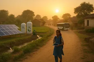 Rural Indian village at sunrise showcasing green hydrogen adoption, with solar panels, hydrogen tanks, a hydrogen-powered bus, and a schoolgirl holding a solar-powered tablet — symbolizing sustainable development, clean energy access, and India’s green hydrogen revolution.