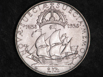 Swedish coins 2 Kronor Commemorative coin Settlement of Delaware ship vessel 