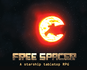 an image of a burning sun in space with the text Free Spacer: A starship tabletop RPG.