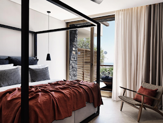Bedroom space of a Santorini resort