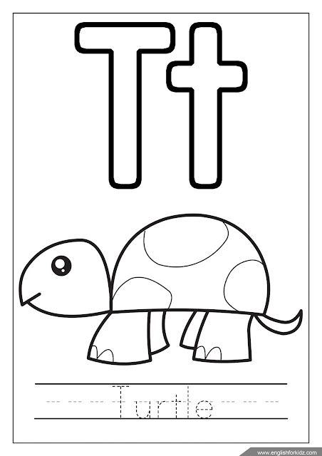 Letter t coloring, turtle coloring, alphabet coloring page