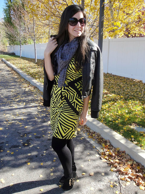 Kensie giveaway, kensie, scarf, yellow dress, chevron print, aztec print, tights, denier tights, ankle booties, bag, leather jacket, long hair, kensie clothing, giveaway, kardashian kollection, kardashian,