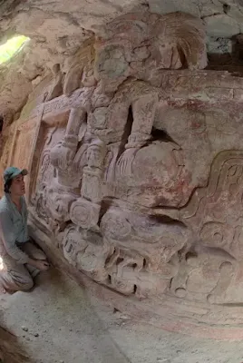 Archaeologist Francisco Estrada-Belli examines the newly found Holmul frieze.F. Estrada-Belli