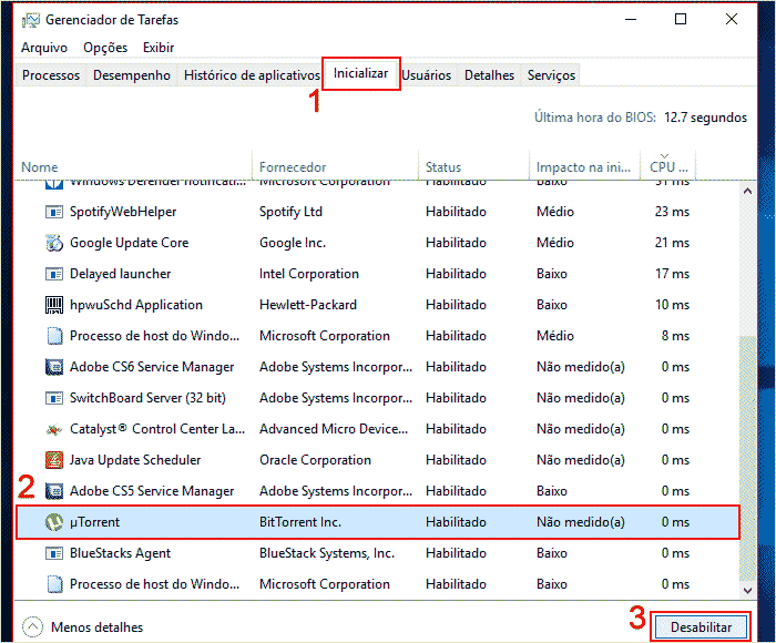Acessando guia Inicializar do Gerenciador para desativar uTorrent de abrir com o Windows
