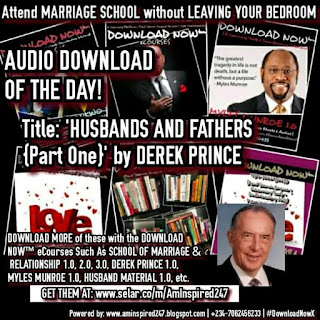 DOWNLOAD AUDIO: 'FATHERS AND HUSBANDS {PART 1}', BY DEREK PRINCE  Download Link: 'HUSBANDS AND FATHERS {PART ONE}' BY DEREK PRINCE  <audio controls> <source src="https://s3.us-east-1.amazonaws.com/media.1000000341.us.churchinsight.com/e0feac34-007a-401f-beb0-0b92ba6575ec.mp3" />  File Type: AUDIO File Size:  55 MB  Details: What is being a 'husband' all about? Who is a 'Husband'? What is Marriage? And, what is a Marriage Covenant? How do you become a better husband to your wife, and father to your wife and children? Derek Prince is the founder of the Derek Prince Ministries{DPM}. He is the author of 60 books, and more than 600 audios and 100 videos, many of which has been translated and published in more than 60 languages. He is the author of books such as Husbands and Fathers, The Choice of a Partner, Marriage Covenant, God Is a Matchmaker, etc.  DOWNLOAD more of these AUDIOS, EBOOKS, & VIDEOS with the DOWNLOAD NOW™ eCourses such as:  Derek Prince 1.0, Husband Material 1.0, Wife Material 1.0, School Of Marriage & Relationship 1.0, School Of Marriage & Relationship 2.0, Ezekiel Atang 1.0, Kingsley Okonkwo 1.0, and many others@ www.selar.co/m/AmInspired247.  Visit here for more DOWNLOADS!