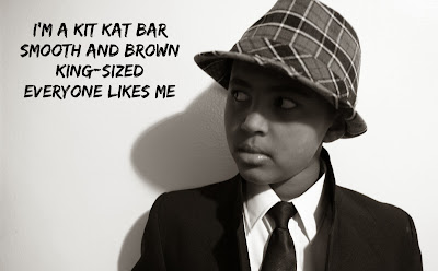 picture of son, poem reads "I'm a kit kat bar.  smooth and brown.  King-sized.  Everyone likes me.
