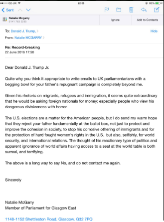 Scottish MP responds to Trump's email