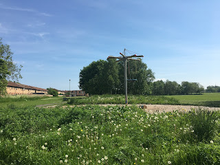 A tall metal poll with a couple of spokes coming off the top in the middle of a park.