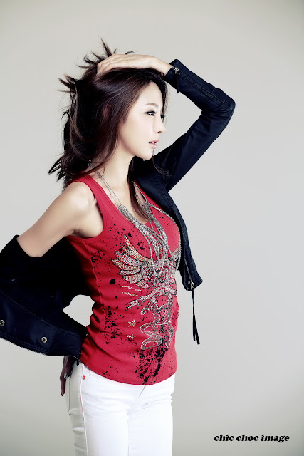 Model Eun Bin in Red Top, White Jeans