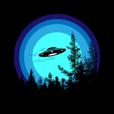 Illustration of a flying saucer flying above a forest at night.