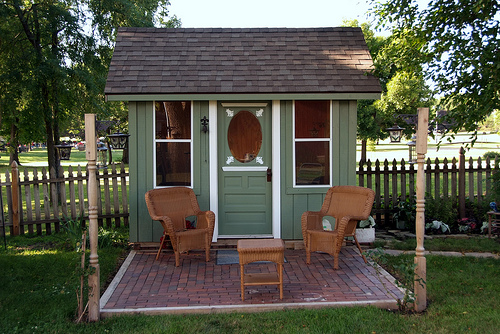... TINY GREEN CABIN- A backyard shed/office/and playhouse- you choose