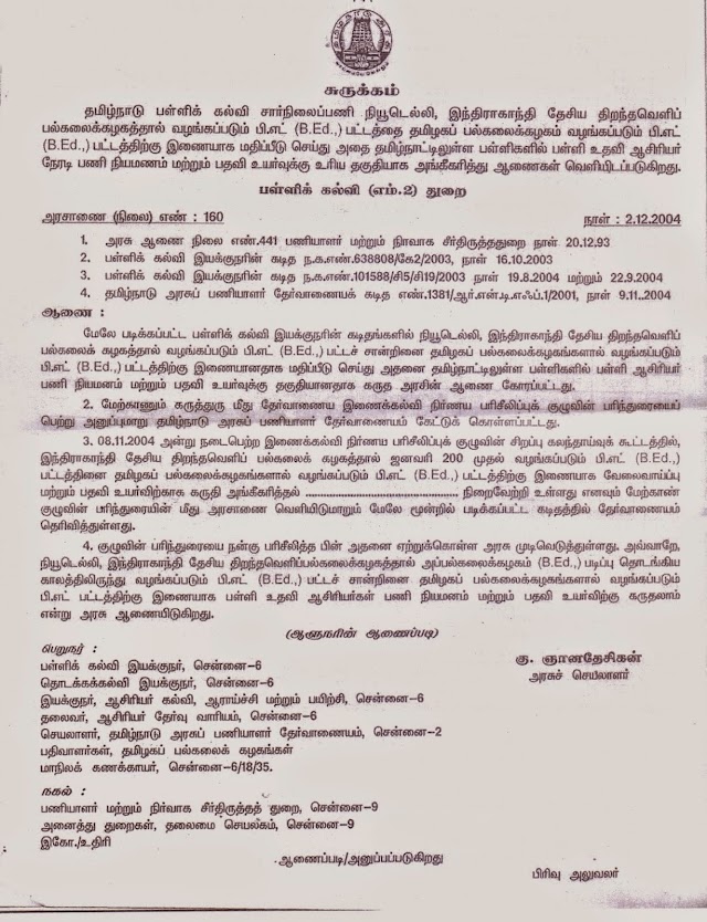 IGNOU B.ED-க்கு மதிப்பீடு சான்று தேவை இல்லை -அரசாணை (நிலை) எண் :160 நாள்02.12.2004