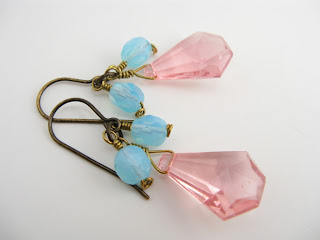 handmade crystal earrings, rose, pink, aqua