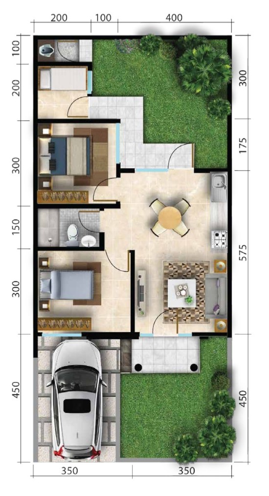 Denah rumah minimalis ukuran 7x15 meter 3 kamar tidur 1 lantai