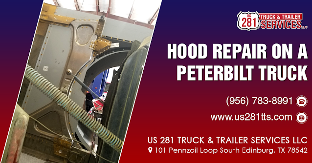 Hood repair on a Peterbilt truck at our truck repair shop in Edinburg, South Texas.