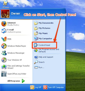 screenshot of Windows XP Start Menu and Control Panel