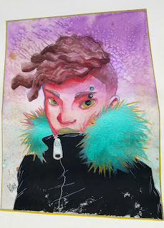 A painting by Haley McAndrews. It's of an androgynous person of color, with short dreadlocks in their hair. They are wearing a thick winter coat, with a fur-lined hood resting on their shoulders.