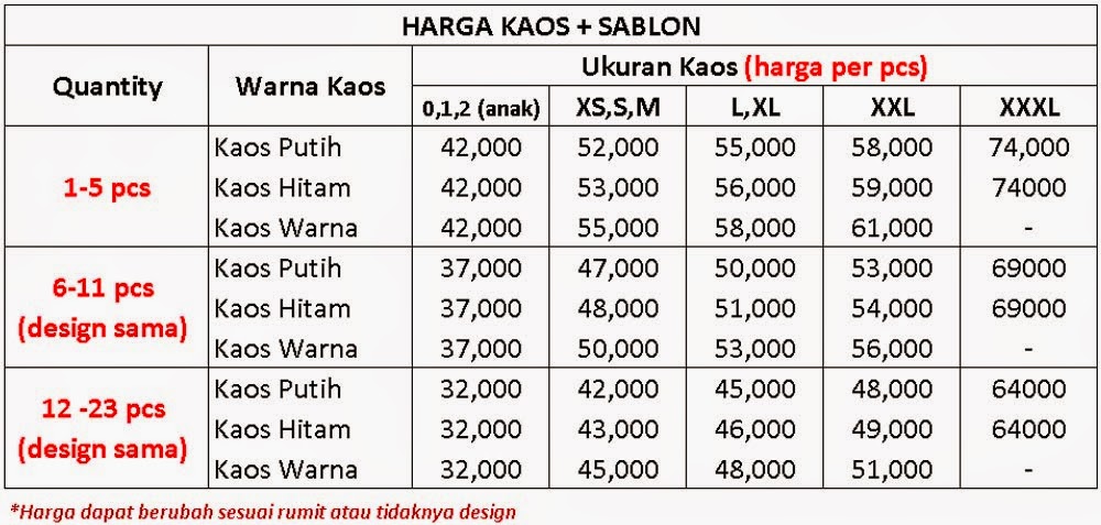 Harga Kaos+Sablon  Tangerang Sablon Kaos
