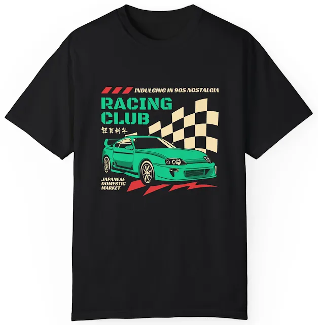 Comfort Colors Car T-Shirt With Green and Red Illustration Sport Car and Text Racing Club Indulging in 90s Nostalgia