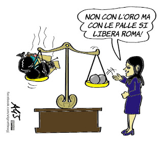 Raggi, ama roma, bilancio, immondizia, satira, vignetta