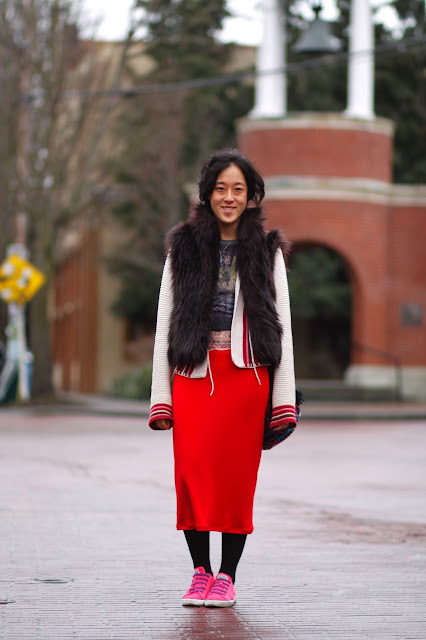 Kathy Wang Red Midi SKirt faux fur vest Ballard Seattle Street Style Fashion it's my darlin'