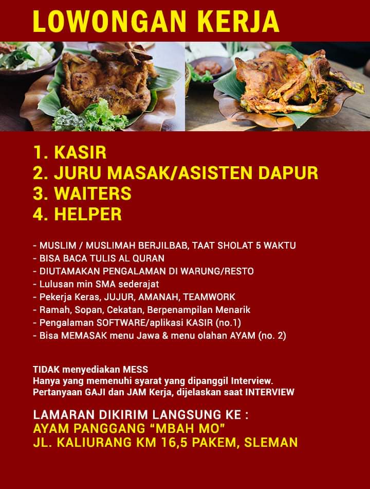 Loker Sleman Sebagai Kasir, Juru Masak, Waiters, Helper di Ayam Panggang Mbah Mo Sleman