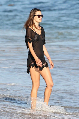 cute Alessandra Ambrosio sexy bikini under see through dress - pic 1