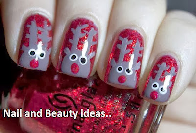 Christmas reindeer nail art design , very cute . 