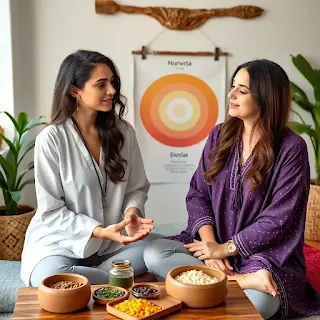 Ayurvedic practitioner consulting a client using herbs and dosha charts in a calming natural wellness studio