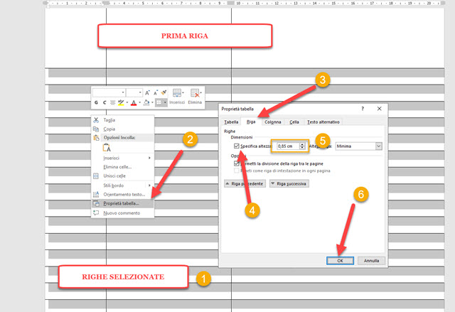 impostare altezza righe in word