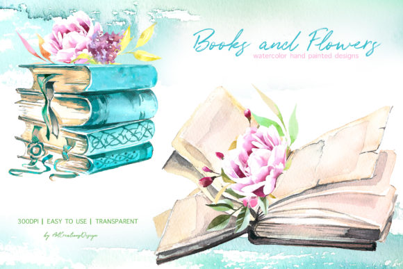 Watercolor Books and Flowers Designs